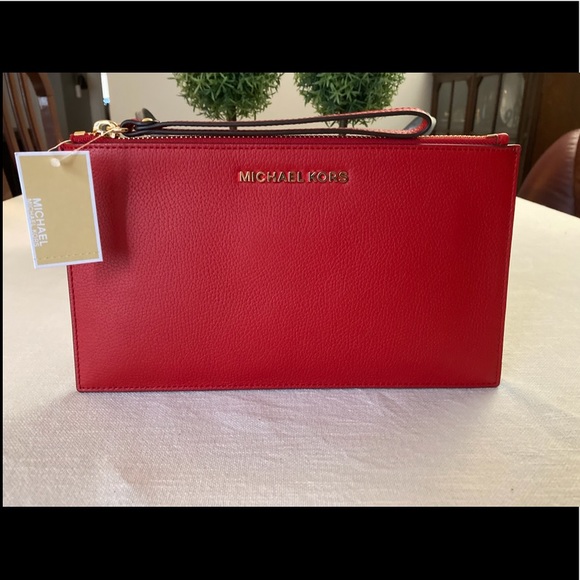 MICHAEL KORS MK LARGE LEATHER CLUTCH WRISTLET RED - Picture 2 of 10